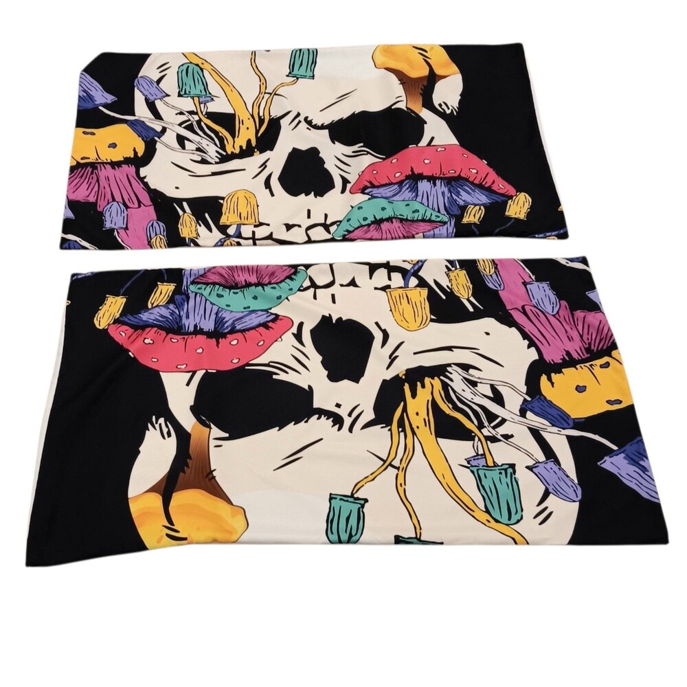Set Of 2 Graphic Skull And Mushrooms King Size Pillowcases Multicolor 36" x 20"
